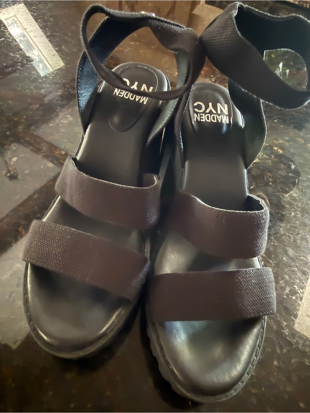 NYC Black Strappy Platform Sandals with Ankle Strap